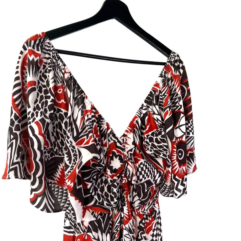Anthropologie Brown Red White Print Tiered Short Sleeve Tiered Maxi Dress Medium - Picture 2 of 12